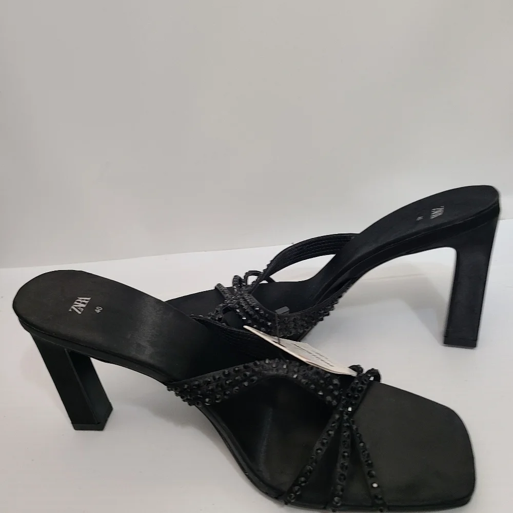 ZARA SATIN EFFECT RHINESTONE HEELED SANDALS BLACK SIZE 9 | 1815/110/800